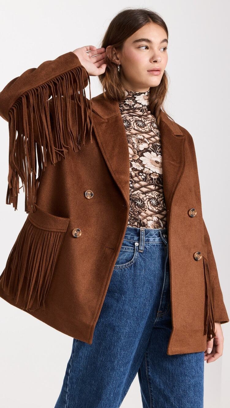 Line & Dot Jenny Double Breasted Fringe Jacket Camel - XS